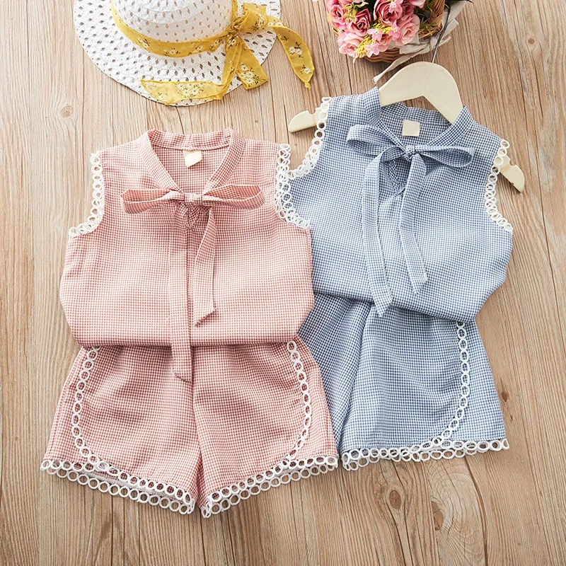 

Summer Baby Girls 2PCS Set Cotton Bow Plaid Vest V-neck T-Shirt Tops+Shorts Suits Casual Sleeveless Children Clothes