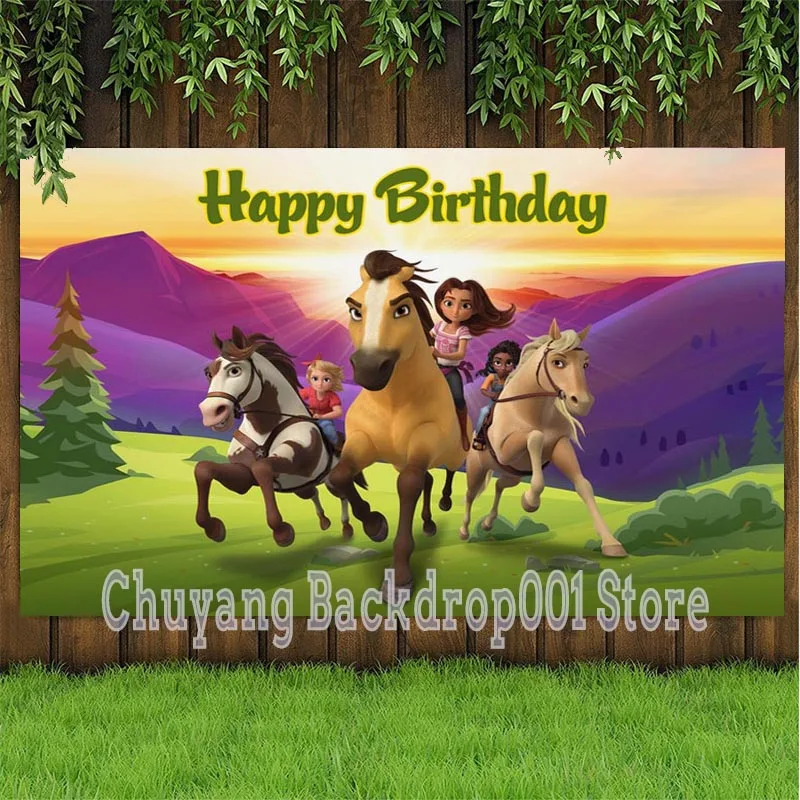 

Spirit Riding Free Backdrop Horse Kids Happy Birthday Party Photography Background Photo Studio Photocall Props Decor Banner