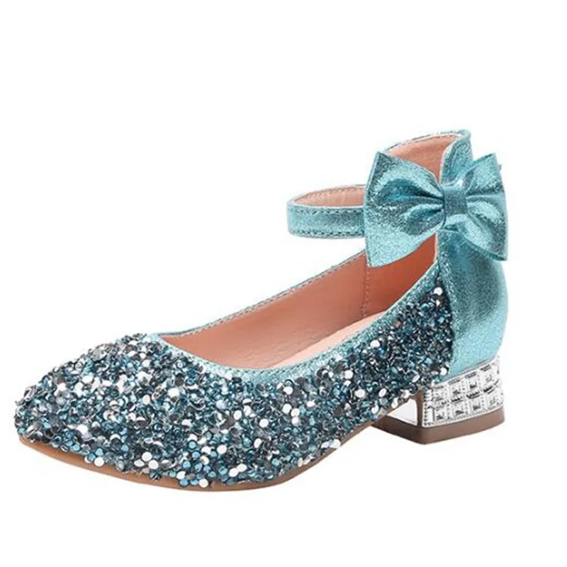 Новинка детские туфли принцессы на высоком каблуке с кристаллами и бантом для
