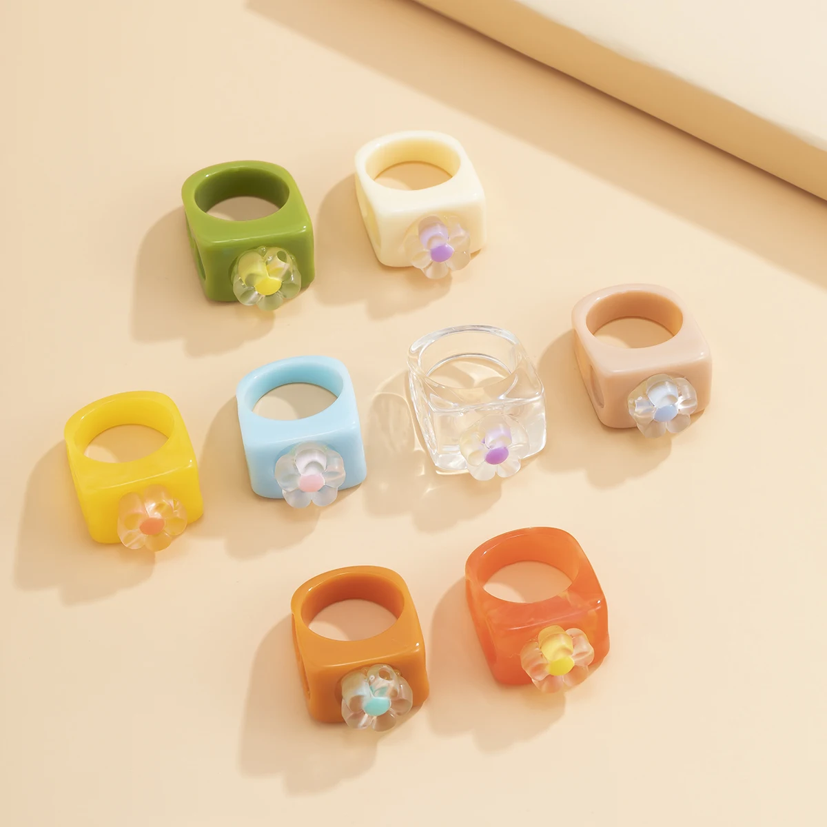

Ins Aesthetic Colorful Flower Transparent Resin Acrylic Crystal Korean Geometric Irregular Square Rings for Women Trendy Jewelry