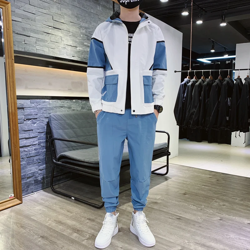 

2020 Workwear Jacket Men's Hooded Jacket+Pants 2PCS Sets Loose Hip Hop Tracksuit Mens Coat & Long Pants Mens Clothing Streetwear