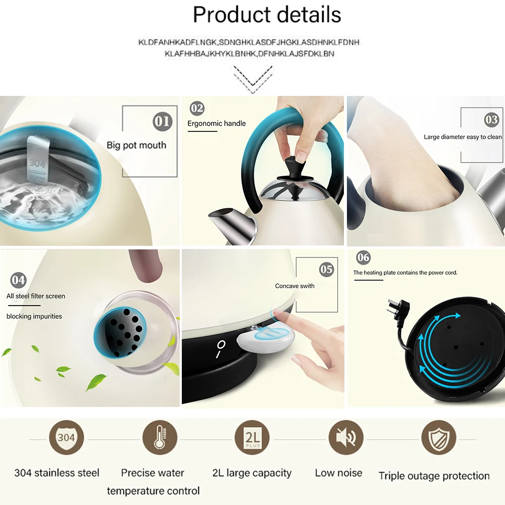 

304 Stainless Steel Electric Kettle Water Boiler For Home Office Tea Coffee 220V 2L 1800W Auto Power Off