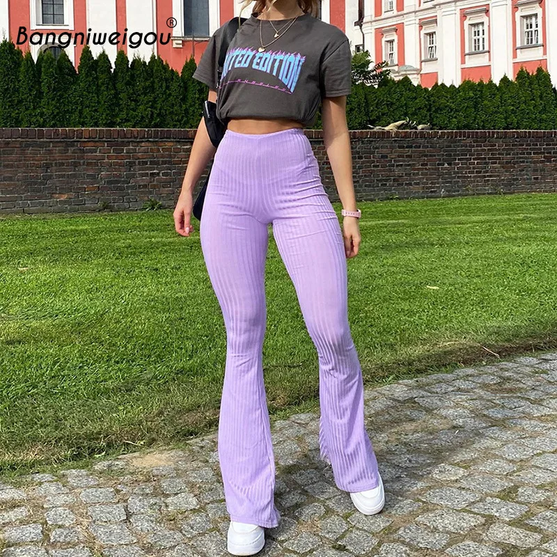 

Bangniweigou ribbed knit high waisted flare pants women lilac pantalones female spring autumn solid capris wide leg trousers