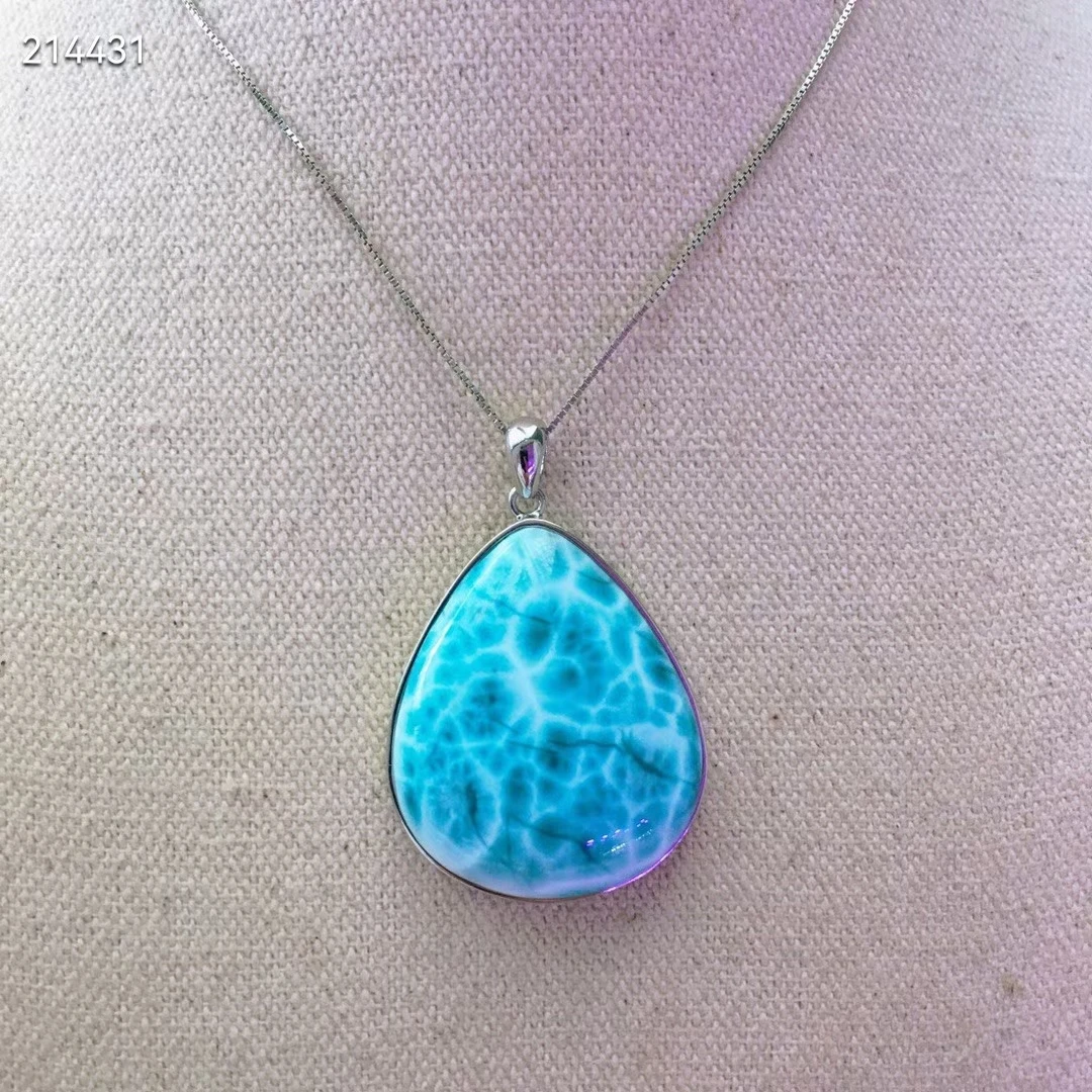 

Top Natural Blue Larimar Gemstone Pendant Necklace 32*27*9mm Women Man Water Drop Shape 925 Silver Genuine AAAAAA