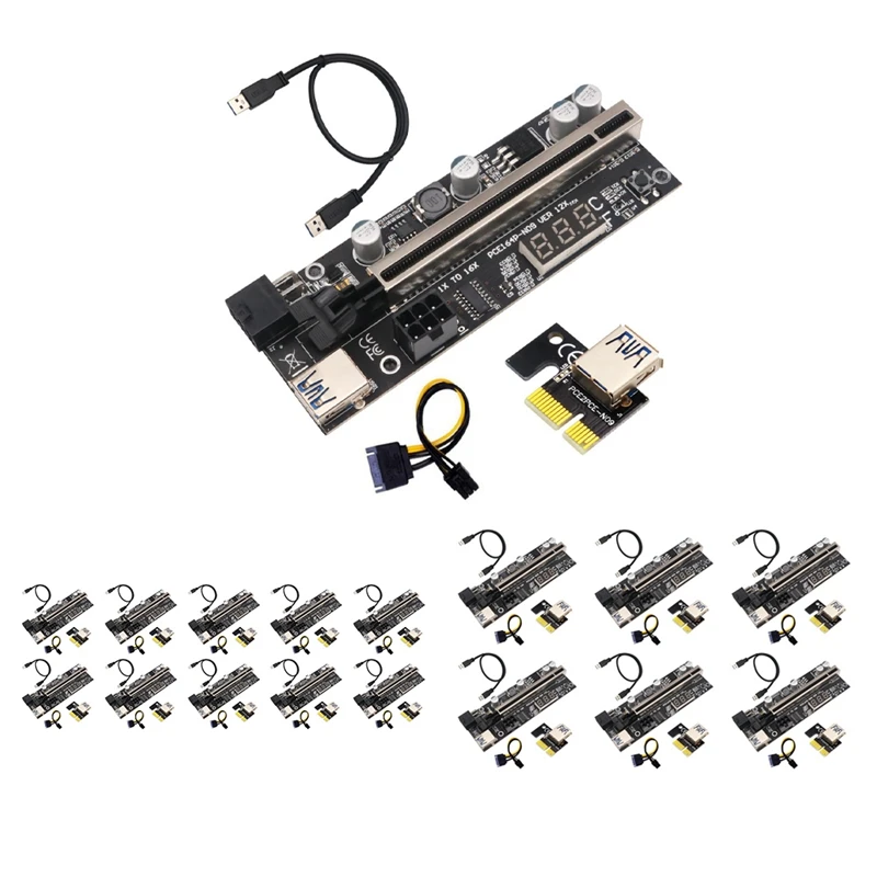

VER12X PCIE Riser Card 16X to 1X Adapter Card with Temperature Digital Display Dual 6PIN for BTC Miner Mining