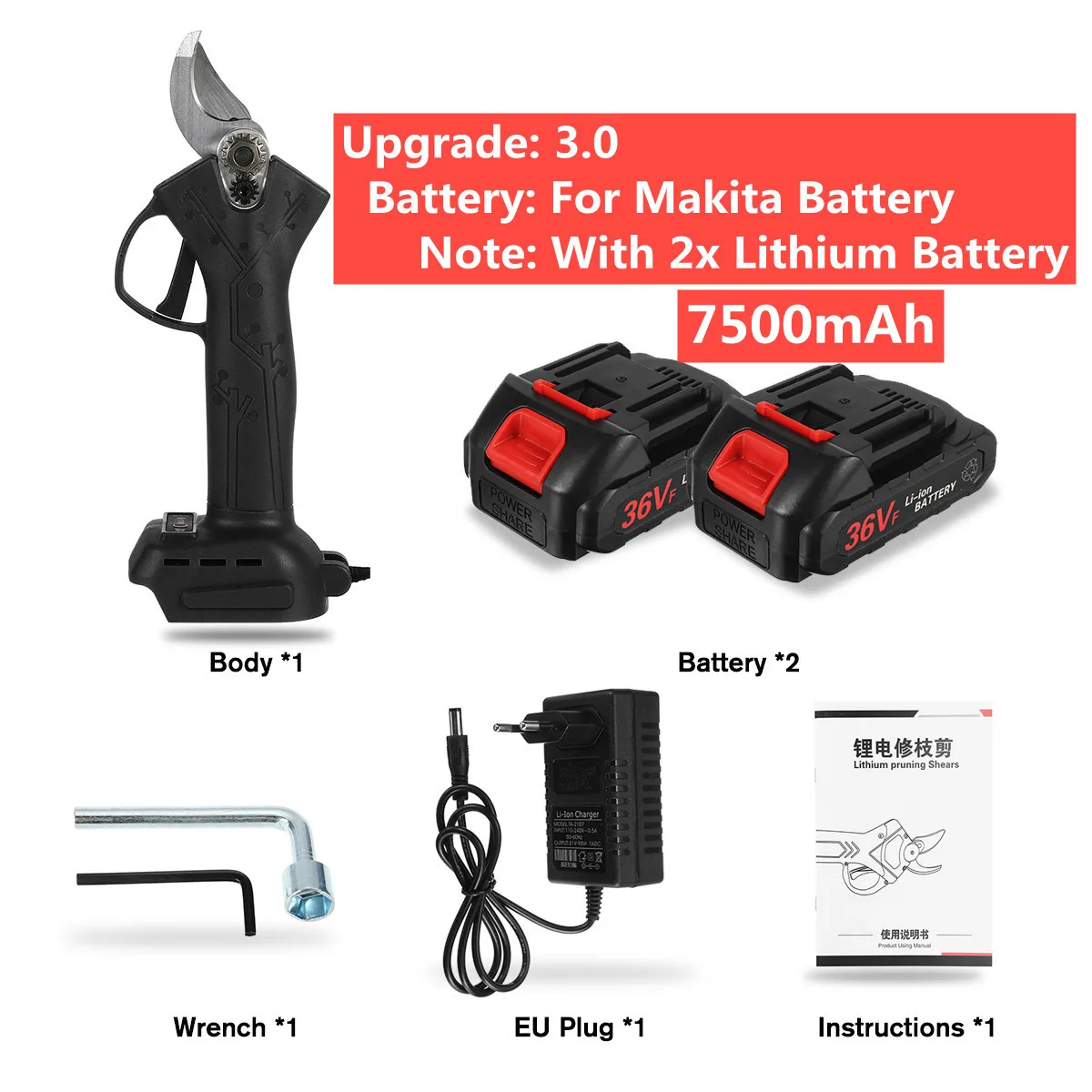 

1200W Electric Pruning Shears Cordless Pruner Max30mm Rechargeable Garden Scissors Wood Trimming Pruning Tool For Makita Battery