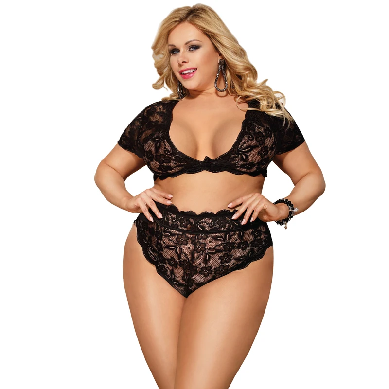 black bra set Полный кружевной комплект с бюстгальтером, чашка D, женское белье, сексуальный прозрачный бесшовный беспроводной бюстгальтер без бретелек и трусики размера плюс RS80760 - Цвет: black bra set
