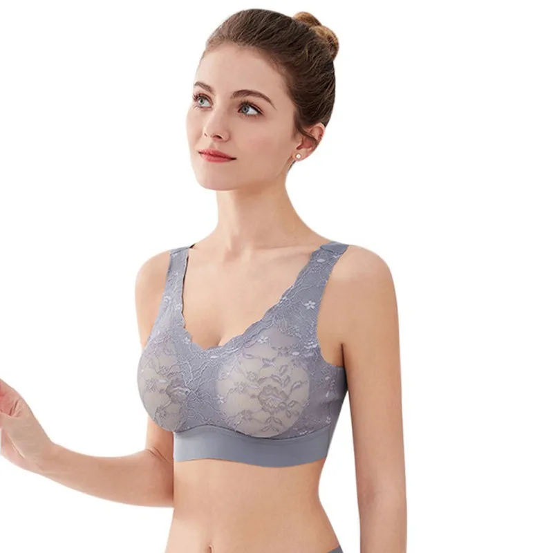 

Sport Bra Top Sexy Lace Shockproof Breathable Push Up Seamless Solid Color Rimless Sleeping Bras