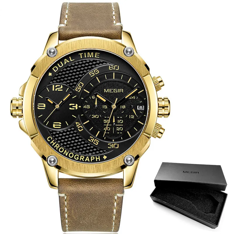 ML2093G-Gold MEGIR мужские спортивные кварцевые часы с кожаным ремешком и хронографом, модные армейские водонепроницаемые наручные часы с двойным часовым поясом для мужчин 2093GBN - Цвет: ML2093G-Gold