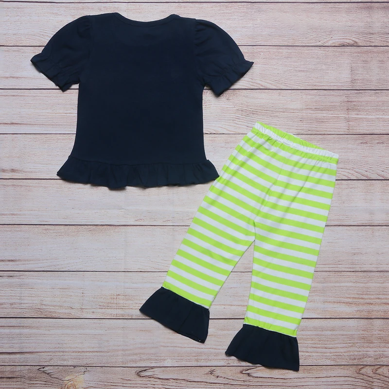 

Summer Girls Clothes Navy Blue Short Sleeve Top And Green Striped Trousers Halloween Ghost Truck Embroidery Toddler Girl Outfits