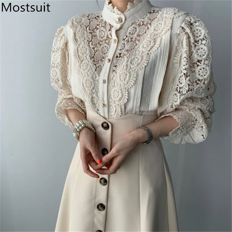 Женская кружевная блузка с воротником стойкой винтажная однобортная длинным