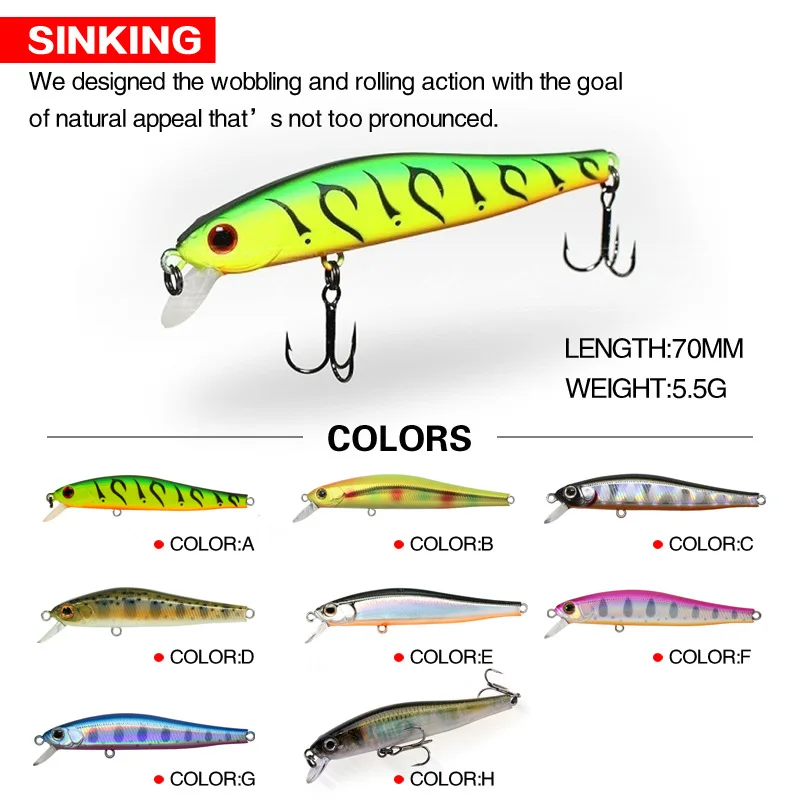 

1PCS 70MM 5.5G Sinking Minnow Fishing Lures Artificial Bait 3D Natural Eyes Wobbler Hard Bait Fishing Tackle