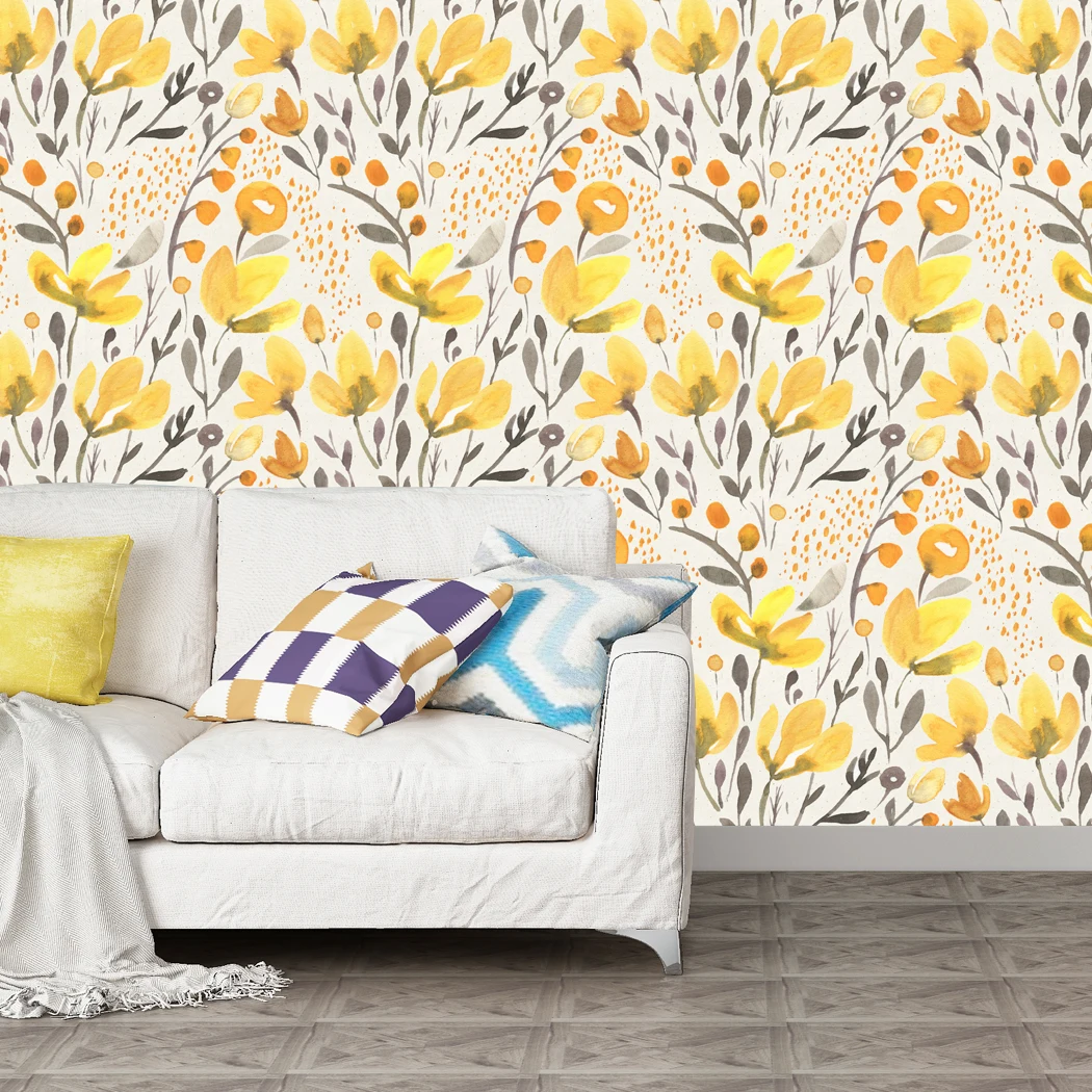 

Vinyl Peel And Stick Handpainting Watercolor Seamless Yellow Fresh Floral Kapok Self-Adhesive Wallpaper Livingroom Home Decorate