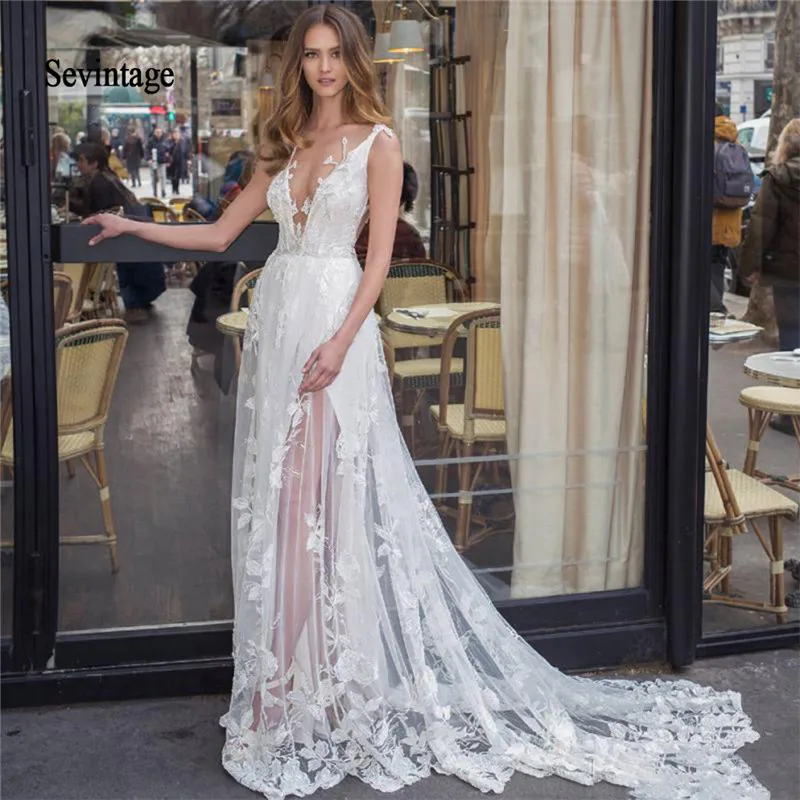 

sevintage Sexy Deep V Neck Boho Wedding Dresses Sheer Button Back Lace Applique Court Train Beach Bridal Gowns vestidos de noiva