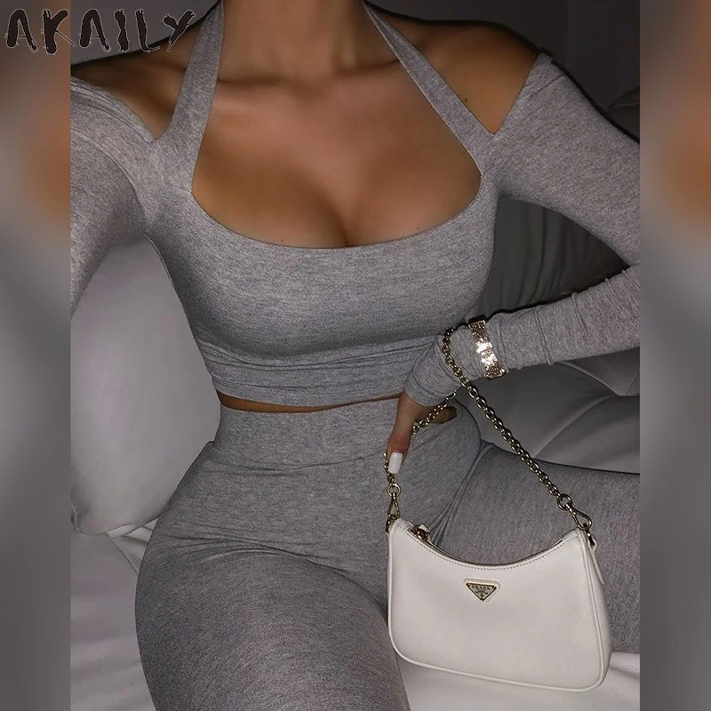 

Женский спортивный костюм Akaily, комплект из двух предметов с открытой спиной и лямкой через шею, укороченный подходящий Топ, на лето