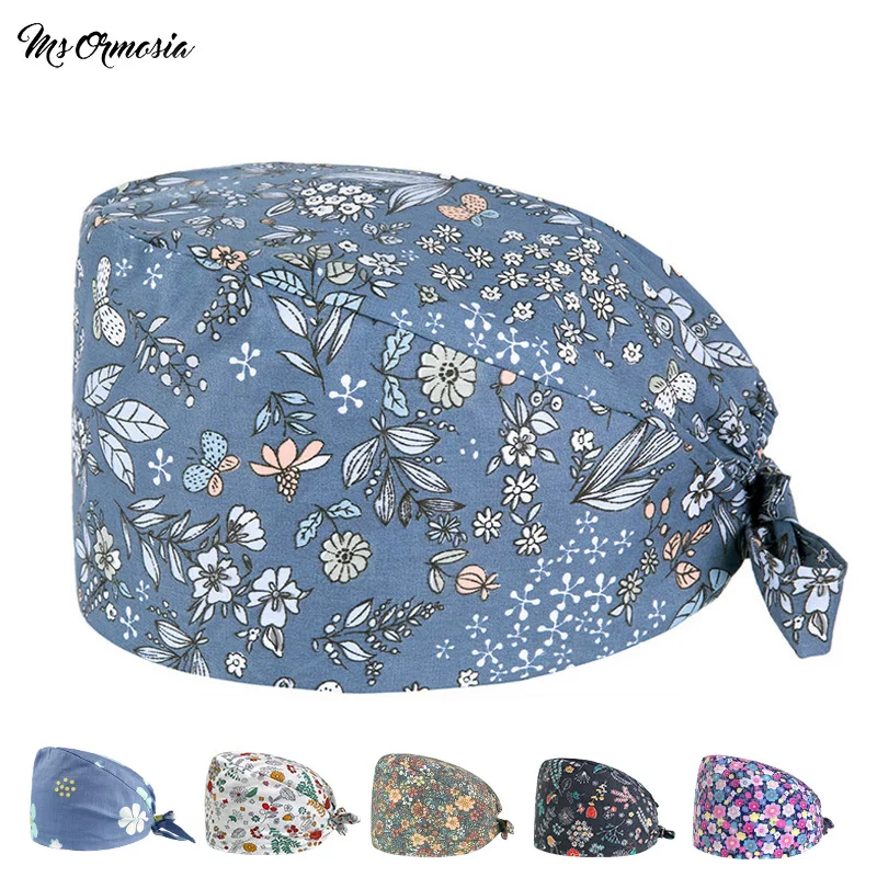 

Новая дышащая Регулируемая шапка из чистого хлопка с цветочным мультяшным принтом, шапки для зоомагазина, спа, рабочие шапки, шапки для сало...