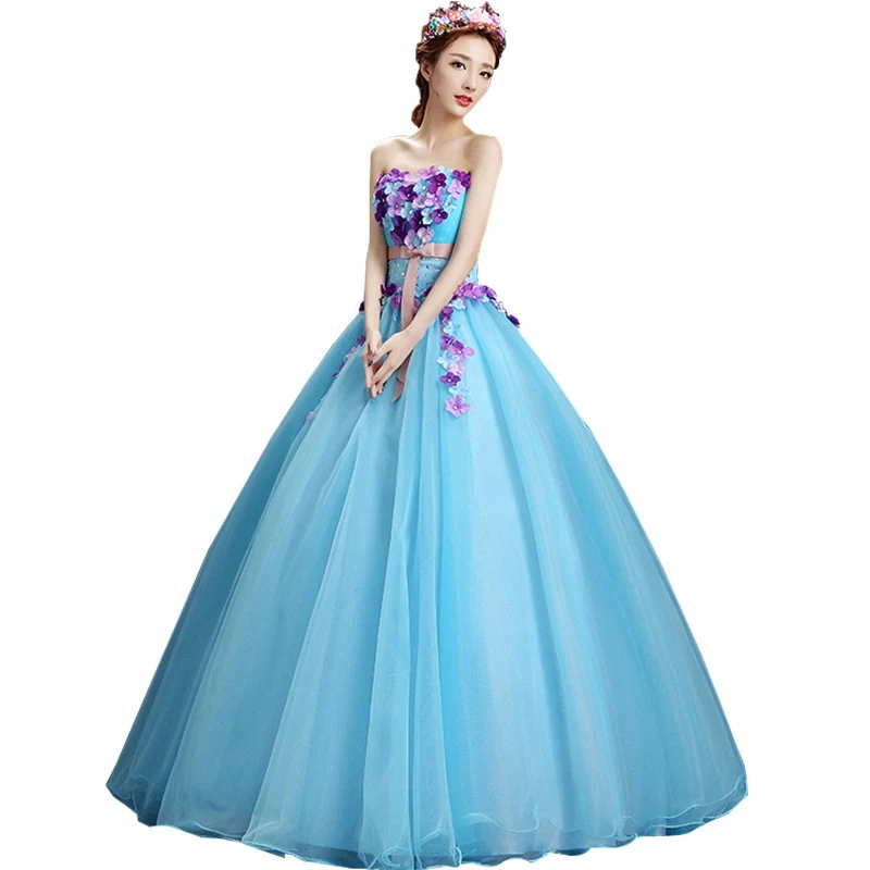 

Light Blue Quinceanera Dresses Body With Flower Girls Puffy Dresses For Prom Vestido De Festa De 15 Years Old Dress Robe De Bal