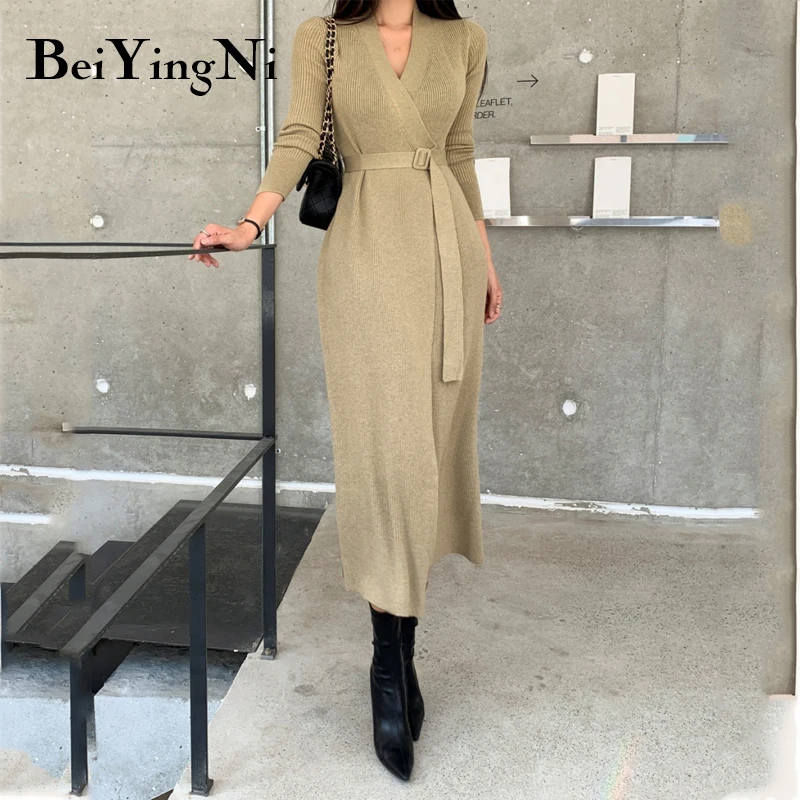 

Beiyingni New Fashion Midi Dress With Belted Sexy V-neck Sweater Knitted Dresses Solid Vintage Autumn Winter Vestido Female Robe