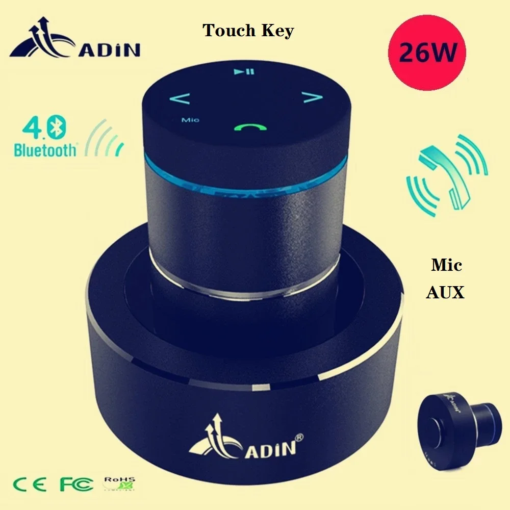 Original Adin 26w Metal Vibration Speaker Bluetooth Touch Stereo Bass Wireless Subwoofer Mic Portable Music Speakers For Phone