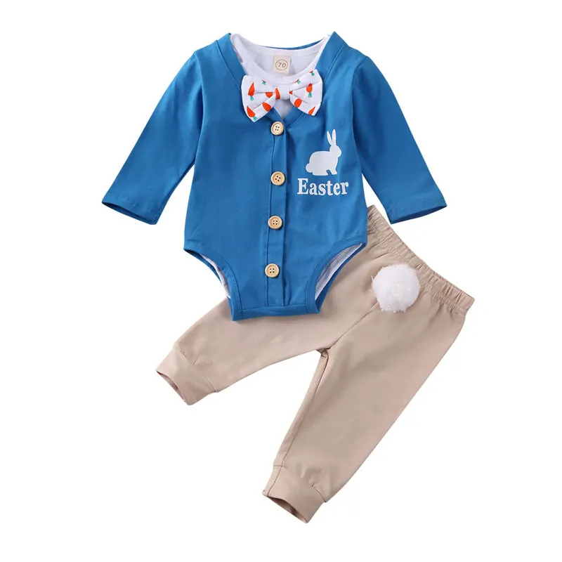 

0-24M Easter Newborn Infant Baby Boy Clothes Set Long Sleeve Rompers Bodysuit + Pom Pom Rabbit Pants Toddler Baby Boy Costumes