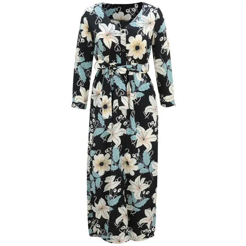 

Womens Floral Printed Long Sleeve Dress Ladies Casual Loose V-Neck Long Dress UK