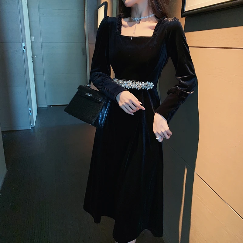 

Zoulv Spring Elegant Vintage Waist Crystal Design Women Velvet Slim Tunic Dress Girl Lady Square Collar Long Sleeve Midi Dresses
