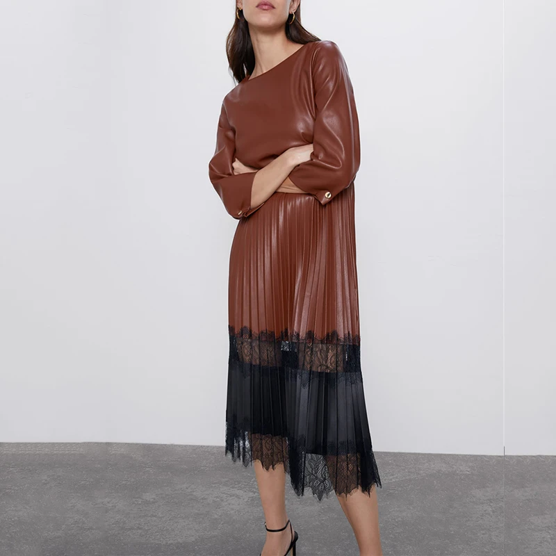 Женское платье из искусственной кожи OMIKRON однотонное модельное Плиссированное