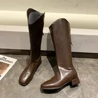 Женские длинные сапоги на блочном каблуке, бежевые сапоги до колена с квадратным носком, теплые меховые плюшевые сапоги на молнии, зима 2022