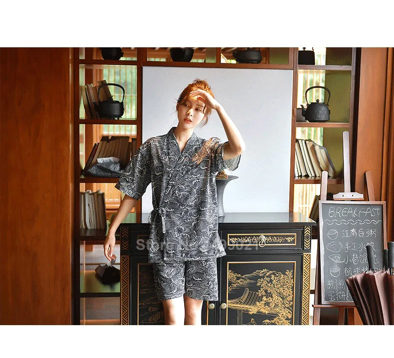 Хлопковое японское кимоно Jinbei с волнистым принтом, пижамный комплект для мужчин и женщин, одежда для пар с v-образным вырезом, банная Пижама Yukata, Пижама