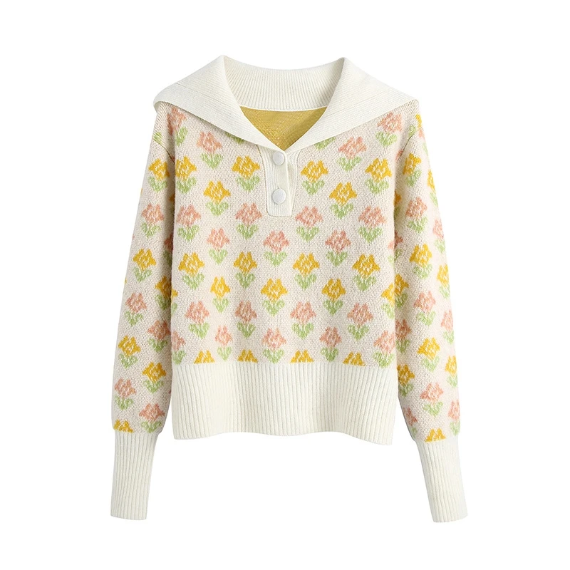 

YOSIBCD Women 2021 Fashion With Button Floral Print Knitted Sweater Vintage Lapel Collar Long Sleeve Female Pullovers Chic Tops