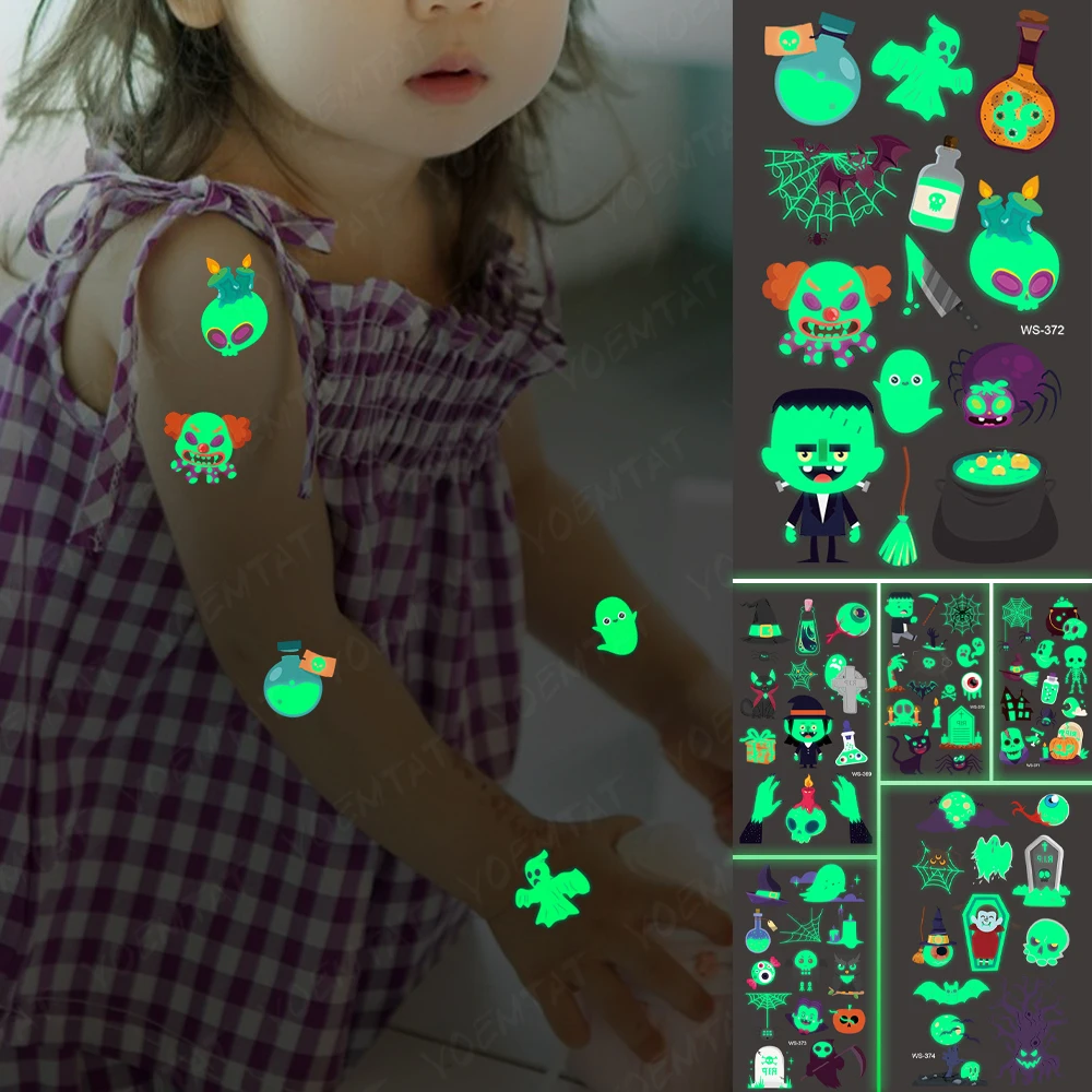 

Waterproof Temporary Tattoo Stickers Bat Pumpkin Lantern Clown Ghost Children Halloween Luminous Horror Tatto Body Art Women