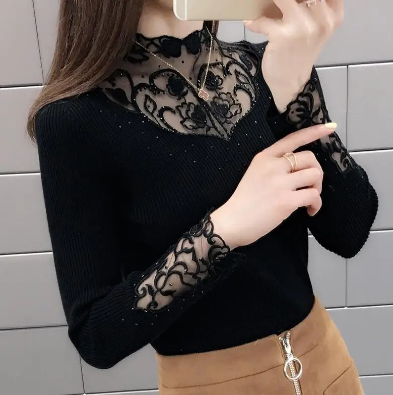 

Large size S-3XL Black Knitted Pullover Sweater Women's Oversized knitwear Autumn winter Korean Sweaters Lace Long sleeve