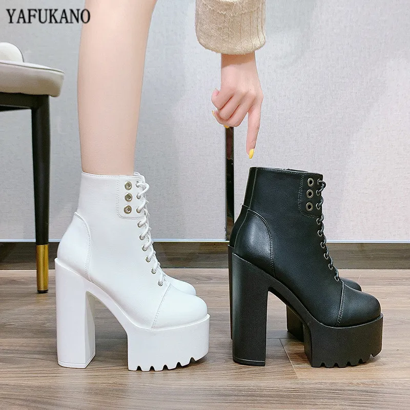 

Nightclub Show Party Ankle Boots Square Heel Martin Boots 15cm Sexy Platform White Super High Heels Handsome Motorcycle Boots