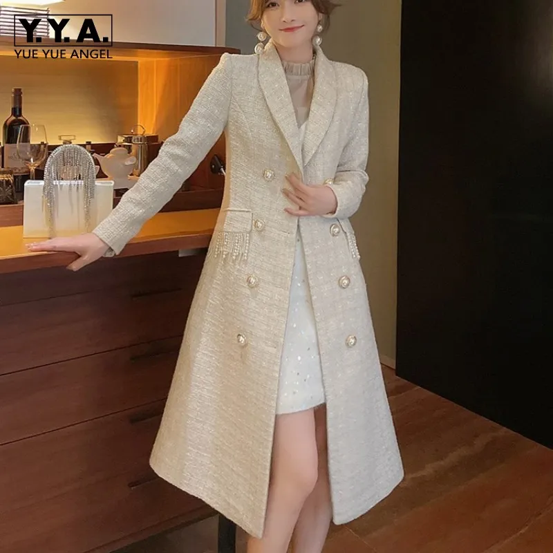 

Luxury Office Womens Tweed Coat Winter Tassel Pearl Double Breasted Long Jacket Streetwear Elegant Slim Plaid Overcoat Female
