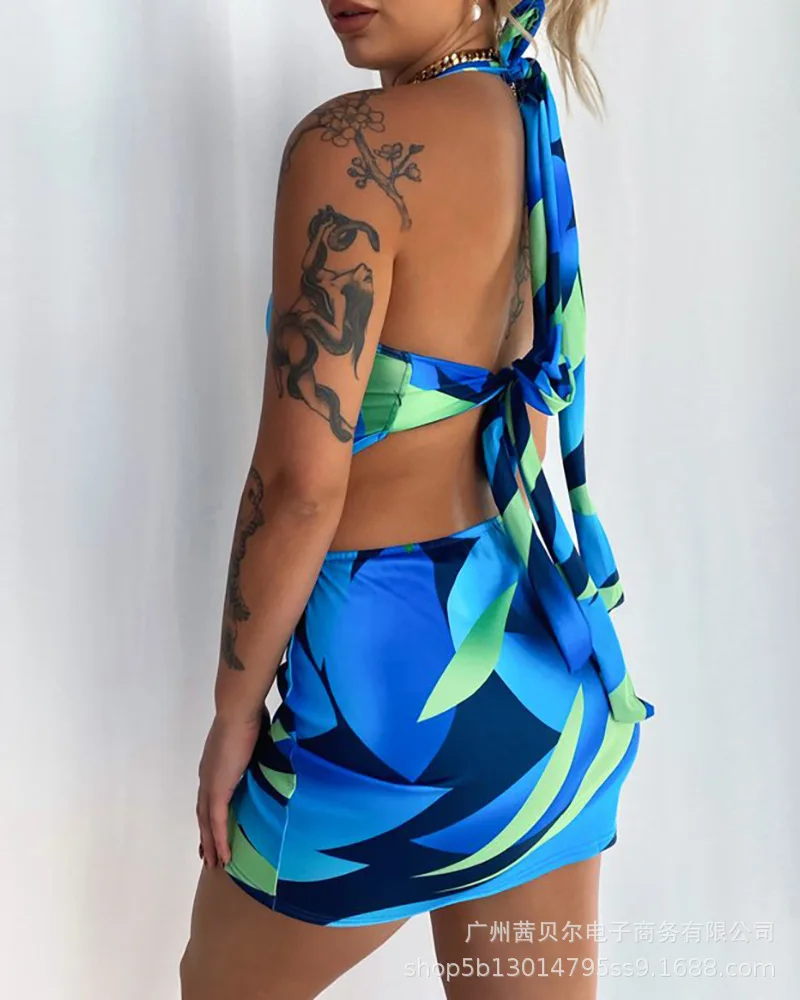 

2021 new color block stitching sexy halter ring design tight-fitting strappy skirt