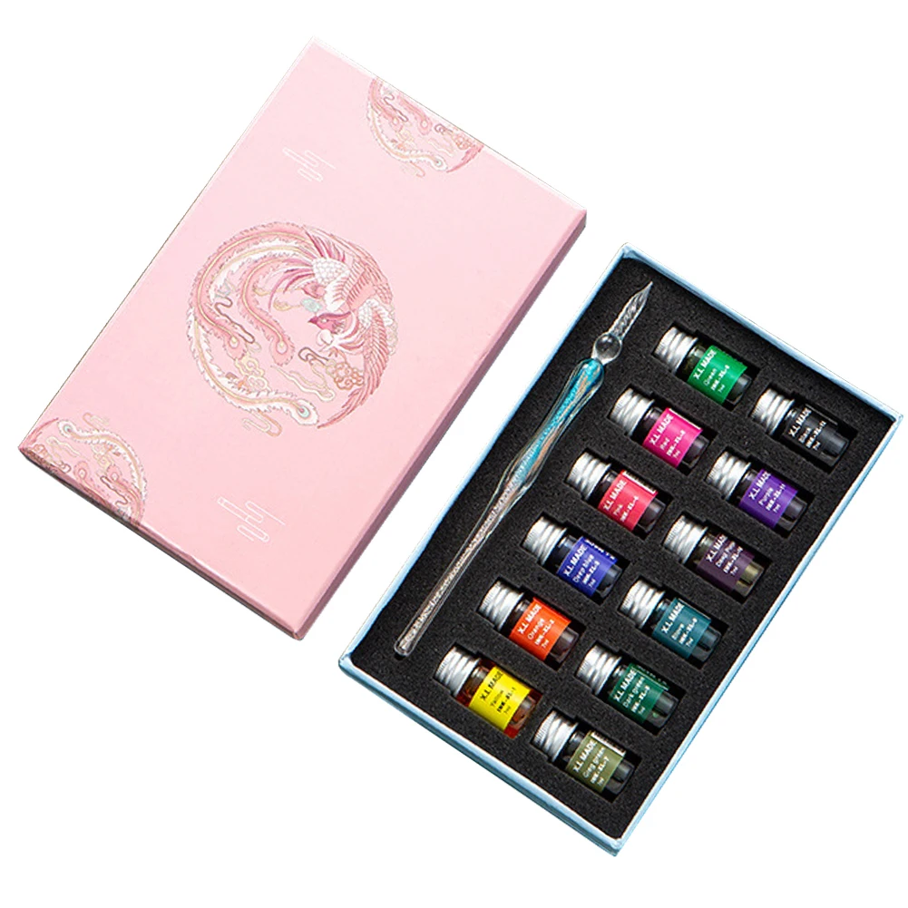 

Signature Gift Artisit Home Stationery Art Glass Dip Pen Ink Set 12 Colorful Inks School Calligraphy Writing Drawing Sign Style