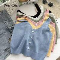 pearl diary stretch v neck lovely single breasted sleeveless short top women solid color korean style tight condole belt shirt