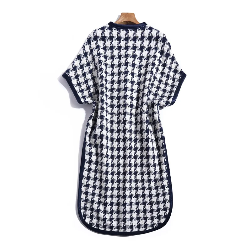 

Coat Runway Autumn Women'S Fashion Classic Plaid Tweed Single Breasted Short Sleeve Vintage Elegant Casual Midi Windbreaker