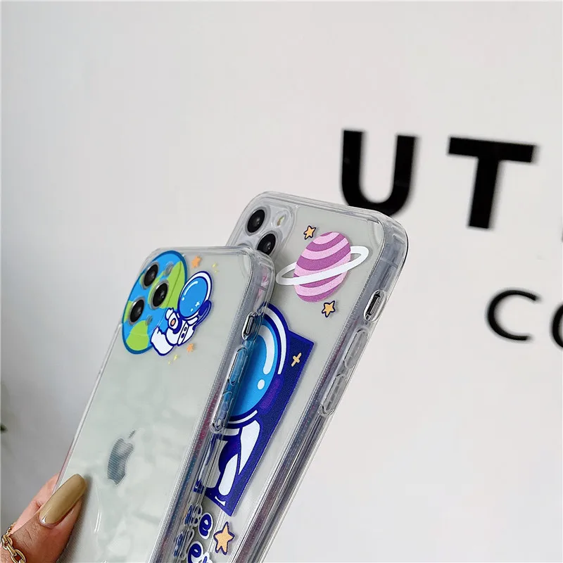 

Cartoon Space Planet Astronaut Spaceship Phone Case For iPhone 11 Pro Max XS X XR 12 Mini 7 8 Plus SE 2020 Cute Clear Soft Cover