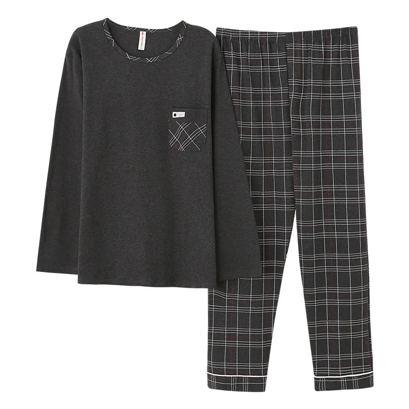

Pajamas Men's Long-sleeved Spring and Autumn Korean Plaid Casual Large Size Thin Men's Cotton Home Service Suit Pyjama Homme New