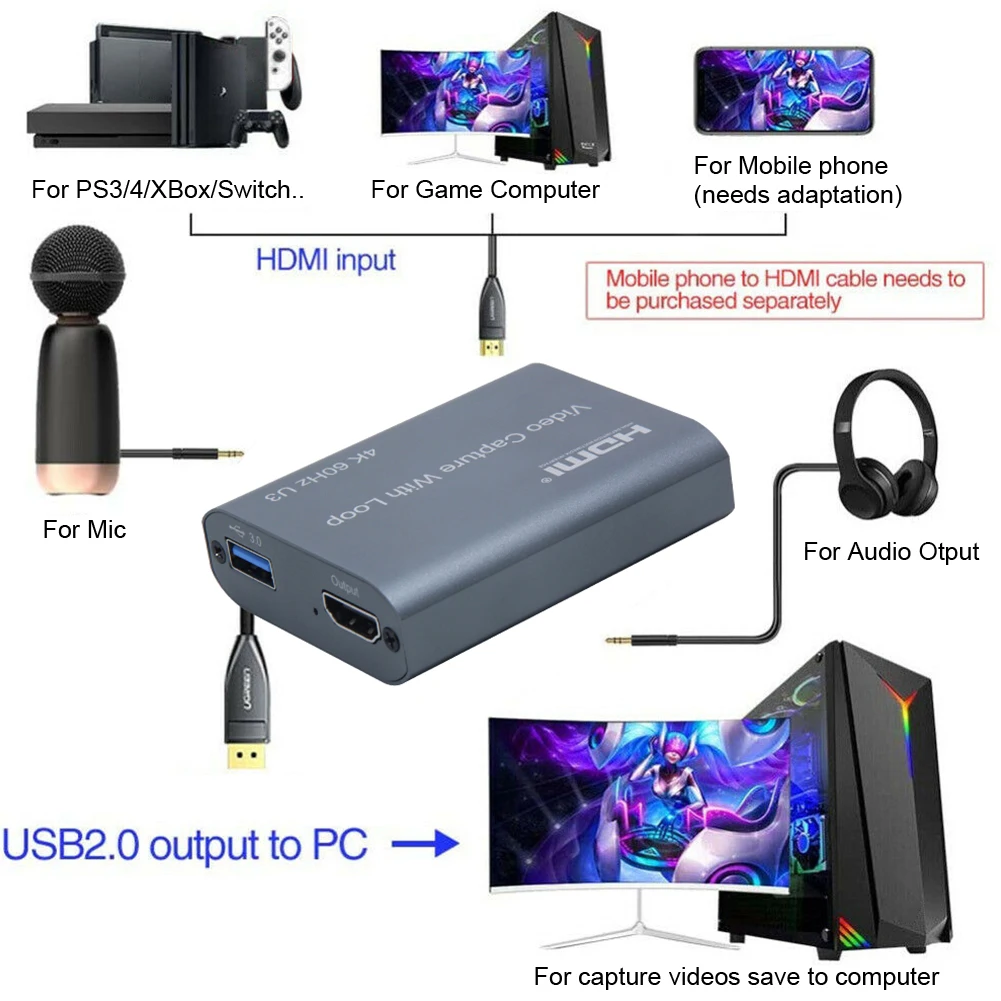 

1080P 60fps Mini USB 3.0 Live Streaming Game Recording Box Video Card Computer Projectors Online Teaching Optical Audio