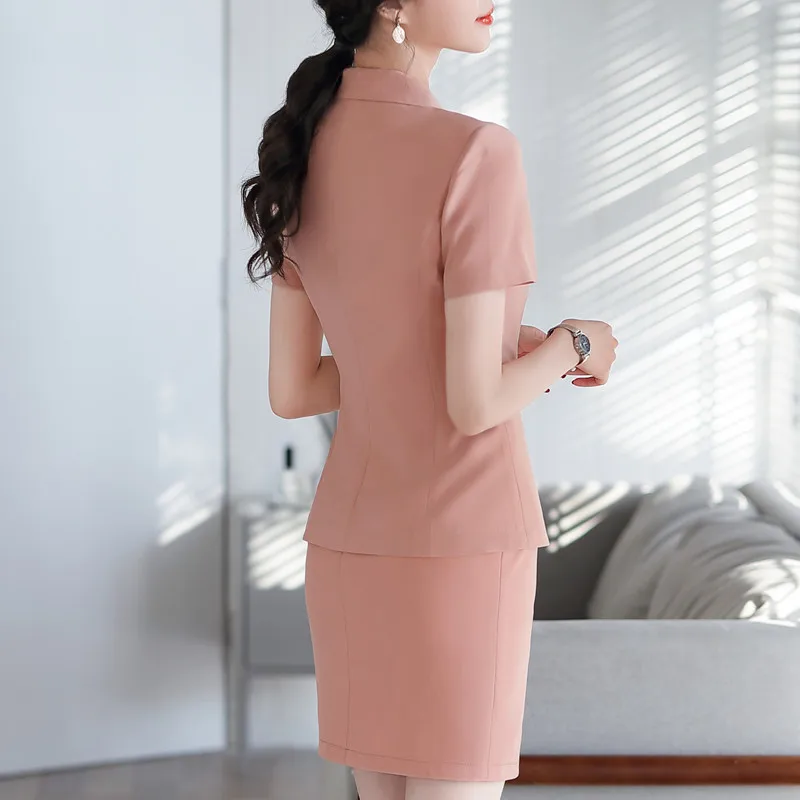 

2020 New women fashion Skirt suit Deep V neck with Sashes elegant OL business outwear women clothes for Summer plus size Pink