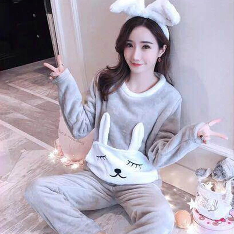 Теплый Женский пижамный комплект на осень и зиму пижама с длинными рукавами