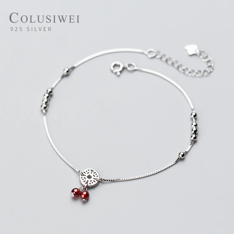 

COLUSIWEI Authentic 925 Sterling Silver Garnet Little Balls Coin Plate Anklet for Women Charm Anklet Ethnic Style Fine Jewelry
