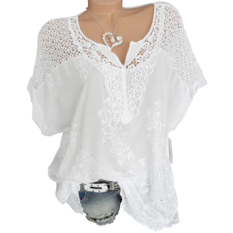 Женская кружевная блузка с вышивкой и вырезами летняя модная повседневная