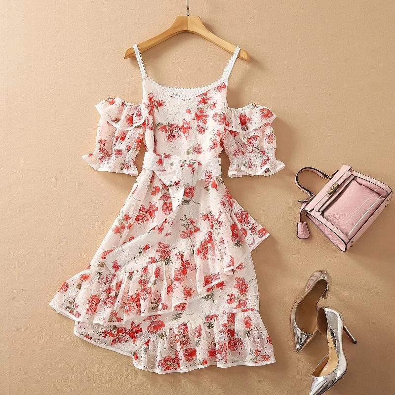 

Sweet Cute Dress 2021 Summer Fashion Style Ladies Spaghetti Strap Red Floral Print Hollow Out Embroidery Ruffle Sexy Club Dress