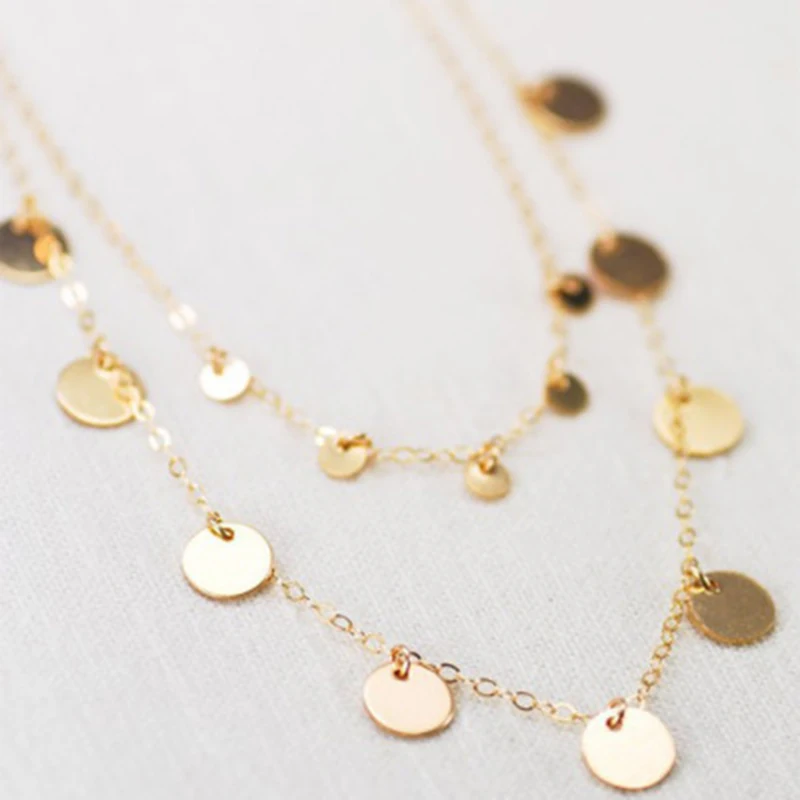 

Personality Gold Round Sequins Clavicle Necklace Pendant Double Layer Chain Choker Necklaces for Women Fashion Neck Jewelry