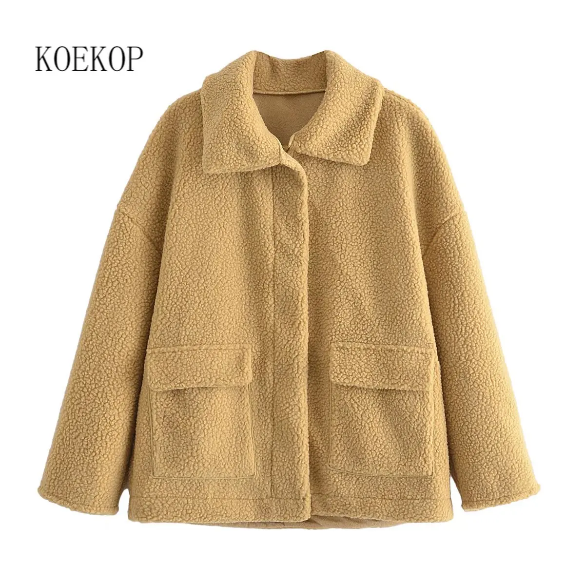 

Женская модная Двухсторонняя куртка Koekop из искусственного меха на молнии спереди, повседневная женская куртка с длинными рукавами и воротн...