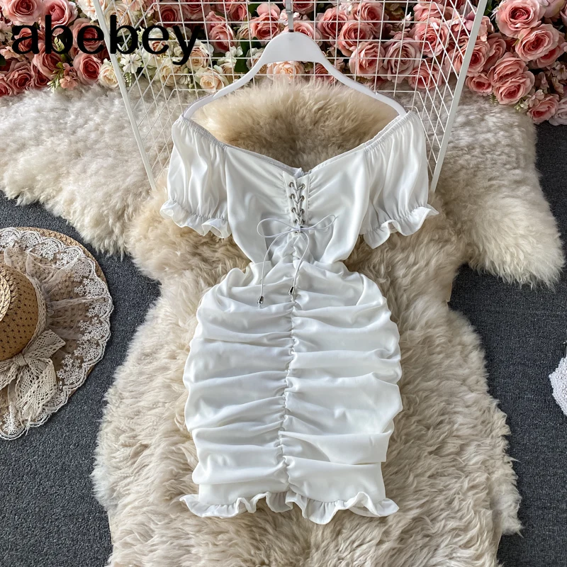 

Женское однотонное платье ретро с квадратным вырезом и пышными рукавами, облегающее платье-карандаш с рюшами, летнее пляжное короткое плат...