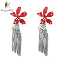king shiny luxury enamel flower tassel earrings for woman luxury crystal beaded long tassel dop earrings ladies banquet jewelry